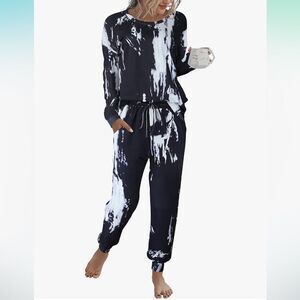 Boho Black 2 Piece Tie Dye Jogger Pants and Top Loungewear Pajamas Set